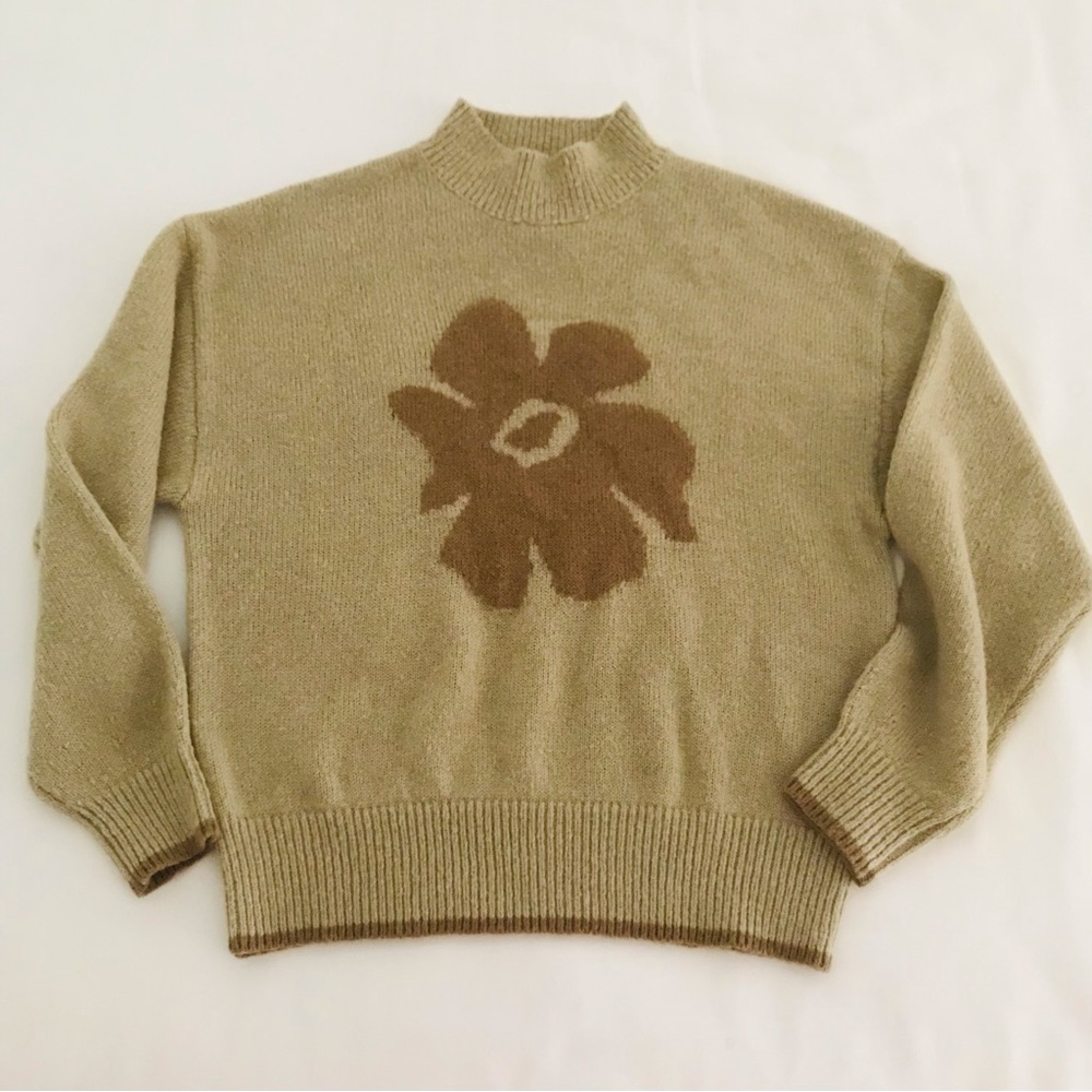 RHYTHM. Long Sleeve Flower Sweater Beige / Brown Mock Turtle Neck Wool Blend Sm